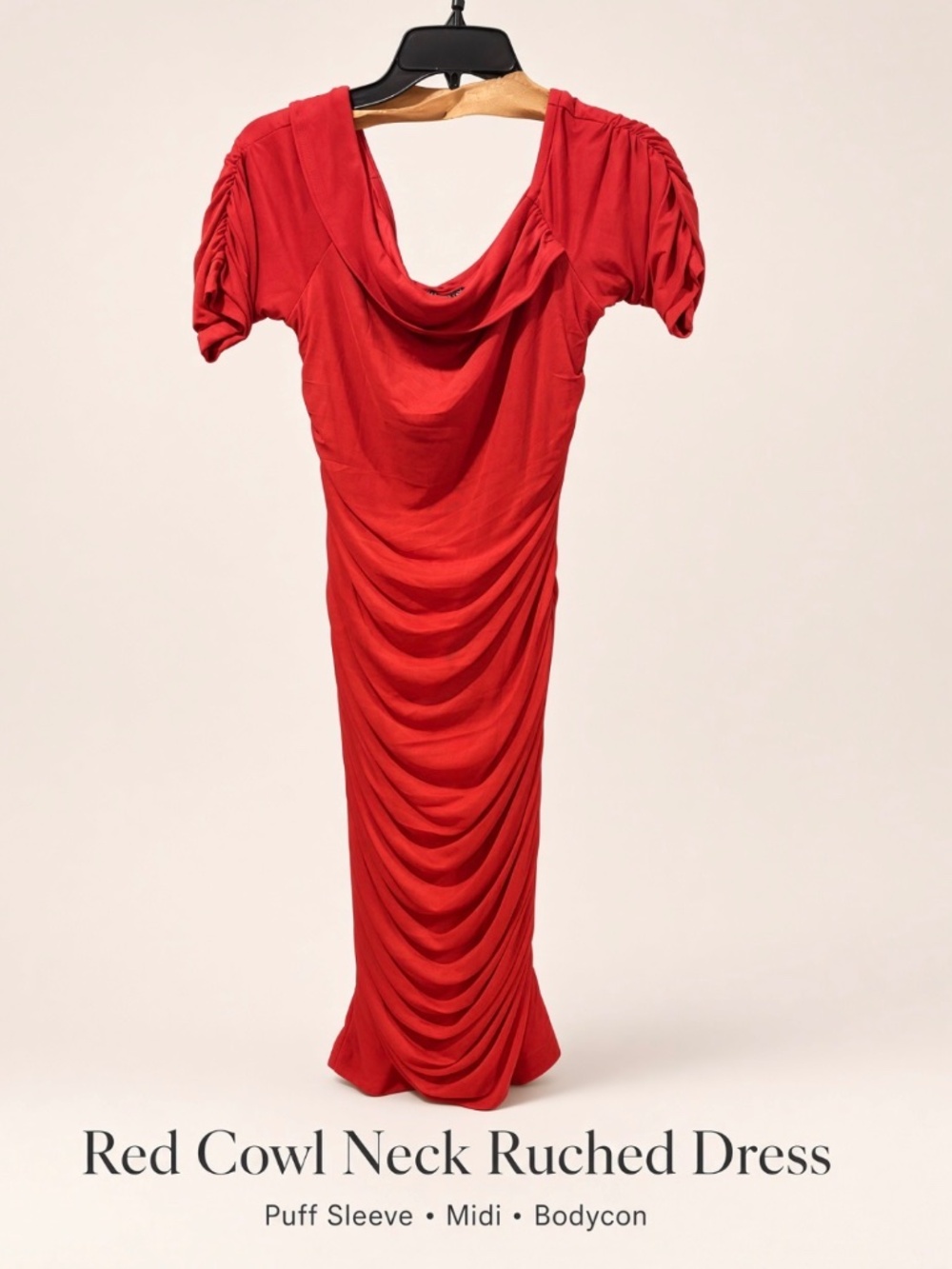 Red Cowl Neck Ruched Midi Dress Puff Sleeve